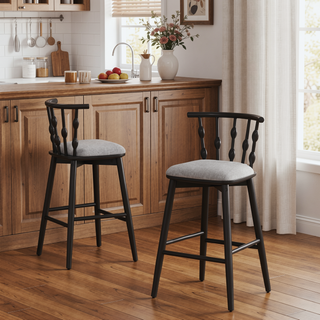 Sunvega Rubberwood Barstool Set of 2 with Grey Upholstery and Hourglass Backrest