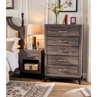 Sunvega Rustic Grey Oak Modern Nightstand with 2 Drawers Bedroom Furniture