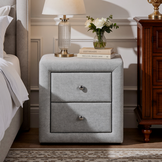 Sunvega Upholstered Nightstand with Two Drawers in Grey Linen Look Fabric