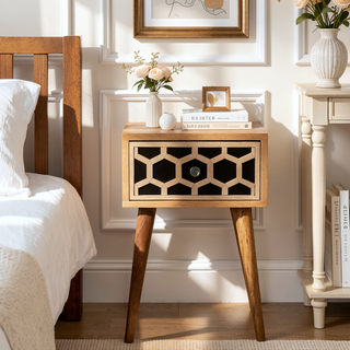 Sunvega Solid Wood Mini Bedside Table with Bone Inlay Drawer and Nordic Legs