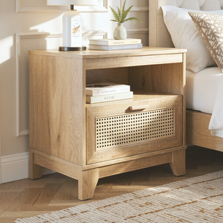 Sunvega Modern Cane Nightstand with Drawer and Open Cubby for Bedroom