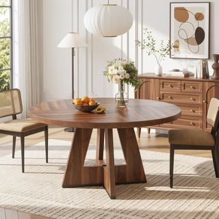 Sunvega 47 Inch Round Wood Dining Table with Walnut Finish for 4-6 Seating