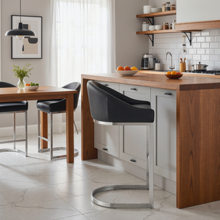 Sunvega Brushed Stainless Steel Bar Stool with Black Faux Leather Upholstery