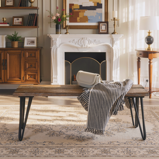 Sunvega Industrial Wood Dining Bench with Rustic Dark Pine Finish and Hairpin Legs