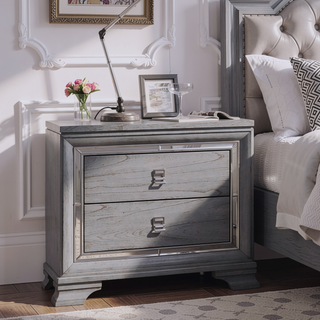 Sunvega Contemporary White High Gloss Lacquer Nightstand with Chrome Handles and USB Charger
