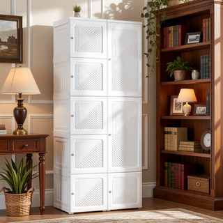 Sunvega Portable Wardrobe Closet with 8 Cube Compartments Hanging Rod and Magnet Doors