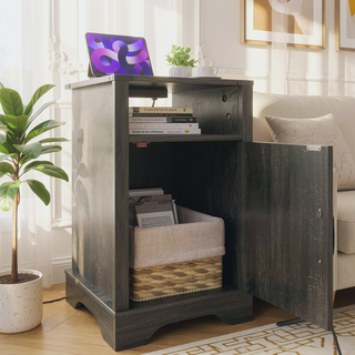 Sunvega White Oak Farmhouse Nightstand with Charging Station and Ample Storage