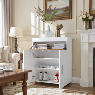 Sunvega White and Oak Lift-Up Compartment Shoe Rack with Concealed Storage