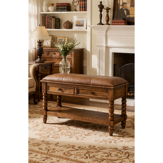 Sunvega Amber Oak Leather Spindle Bench with 2 Drawers and 1 Shelf for Entryway