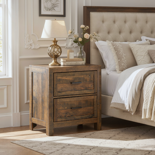 Sunvega Caramel Brown Rustic Style Nightstand with Two Drawers for Bedroom