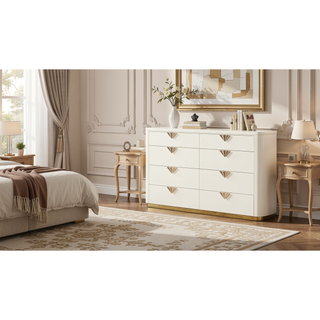 Sunvega Modern High-Gloss Beige Dresser with Six Spacious Drawers and Gold Accents
