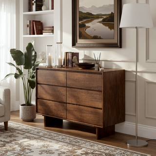 Sunvega Mid Century Modern Walnut Brown Dresser With Six Spacious Drawers