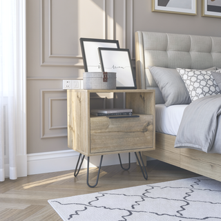 Sunvega Light Oak Nightstand with Hairpin Legs, Single Door Cabinet and Drawer for Bedroom