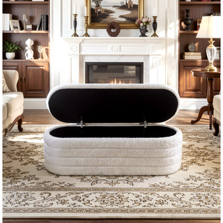Sunvega Mid-Century Modern Teak Frame Boucle Upholstered Storage Bench