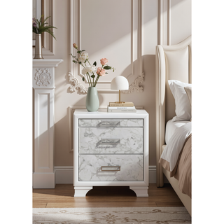 Sunvega Modern White Nightstand with Marble Accent Drawers and Silver Handles