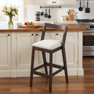 Sunvega Dark Brown Rubberwood Barstool with Beige Upholstery and Thick Cushioned Seat Set of 2
