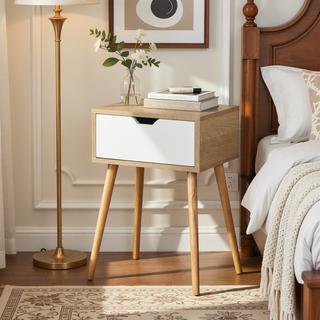 Sunvega Mid-Century Modern Bedside Table with 2 Drawers and Rubber Wood Legs