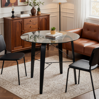 Sunvega Mid-Century Modern Round Dinette Table with Tempered Glass Top and Tripod Base