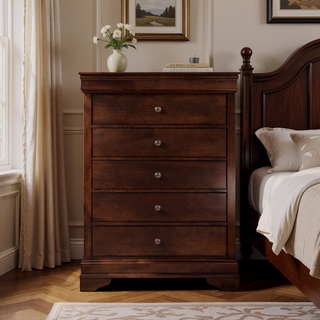 Sunvega Brown Cherry Finish Louis Phillipe Style 6 Drawer Dresser with Hidden Jewelry Storage