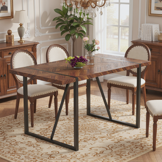 Sunvega Minimalist Retro Rectangular Dining Table with Dark Wood Textured Tabletop and Black Metal Legs