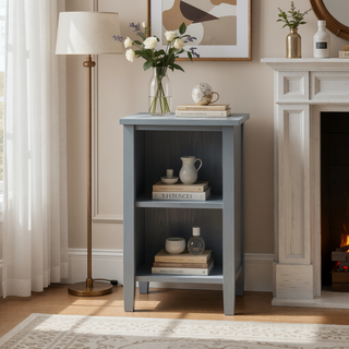 Sunvega Fog Grey Solid Wood Nightstand with Two Drawers and Open Shelf