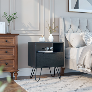 Sunvega Vienna Nightstand with Single Door Cabinet and Two Shelves on Hairpin Legs