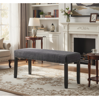 Sunvega Tan Linen and Cotton Fabric Dining Bench with Nailhead Trim