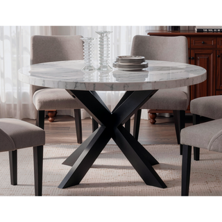 Sunvega White Marble Veneer Top Round Dining Table with Ebony Wood Frame