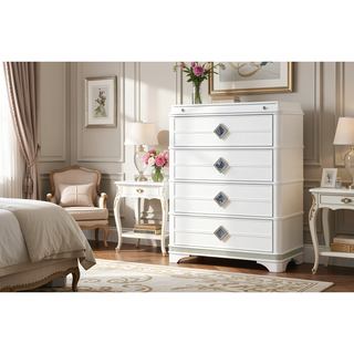 Sunvega Modern White Wood Chest with Crystal Accents and Hidden Jewelry Drawer