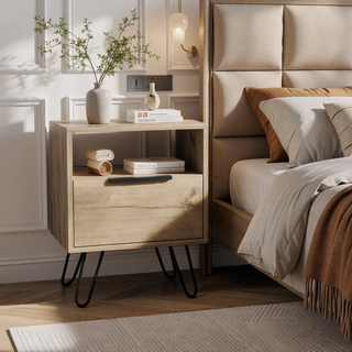 Sunvega Light Oak Nightstand with Hairpin Legs, Single Door Cabinet and Drawer for Bedroom