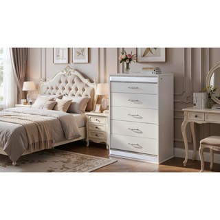 Sunvega Glam Modern Style White Wood Chest with Crystal Accents and LED Lighting