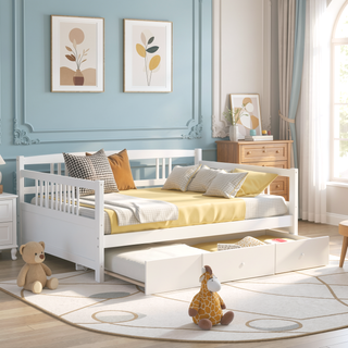 Sunvega Full Size Daybed with Twin Trundle Solid Wood Frame for Living Room
