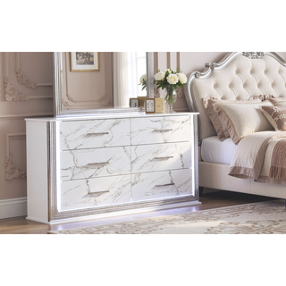 Sunvega Marble Patterned Dresser with Six Spacious Drawers and Sleek White Finish