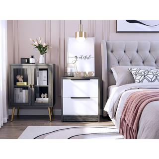 Sunvega 18 Inch High Modern Nightstand with Two Drawers and Metal Hardware
