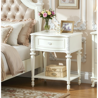 Sunvega Floral Pattern Ivory Nightstand with Drawer and Open Shelf Storage