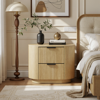 Sunvega Modern Natural Oak Nightstand with Two Drawers and Ribbed Texture