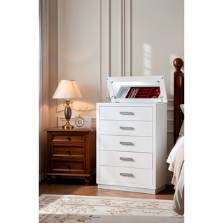 Sunvega Modern 5 Drawer Chest with Mirror Lid Top and Jewelry Tray