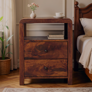 Sunvega Solid Mango Wood Nightstand with Two Drawers and Open Shelf