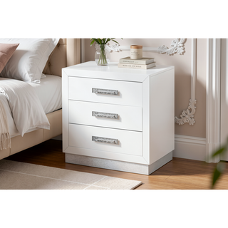 Sunvega Milky White Wood Nightstand with Crystal Bling Diamond Hardware