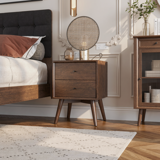 Sunvega Mid-Century Modern Caroline Night Stand 2-Drawer in Dark Brown Solid Wood