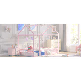 Sunvega Full Size Playhouse Metal Bed Frame with Fence for Kids and Teens