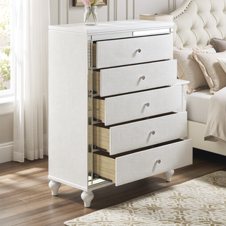 Sunvega Modern White Dresser with 9 Crystal Knob Drawers and Faux Alligator Fronts