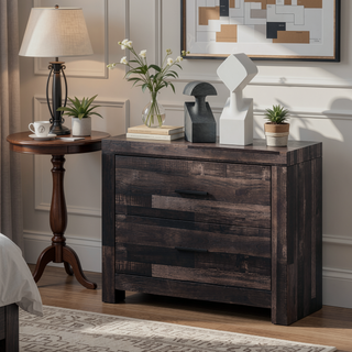 Sunvega Dark Oak 2-Drawer Nightstand with Wooden Frame and Sled Base