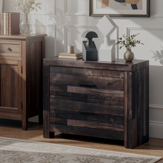 Sunvega Contemporary Dark Oak Finish Wooden Nightstand with Two Drawers Plank Pattern