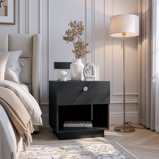 Sunvega Black Single Drawer Nightstand with Open Storage Shelf and Large Top Surface