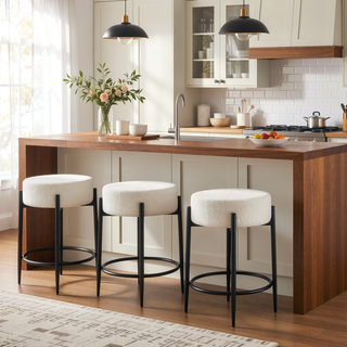 Sunvega Mid-Century Modern Kitchen Stools Set of 4 with White Boucle Upholstery and Metal Base