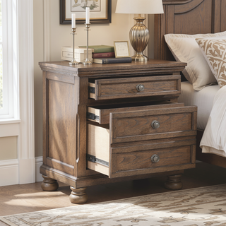 Sunvega Antique Brown Finish Nightstand with Hidden Drawer and Bun Feet