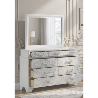 Sunvega Modern White Dresser with Marble Accents and Nine Drawers for Bedroom
