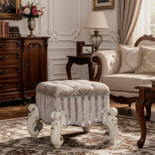 Sunvega Ivory and Bone White Vanity Stool with Nailhead Trim and Button Tufted Backrest