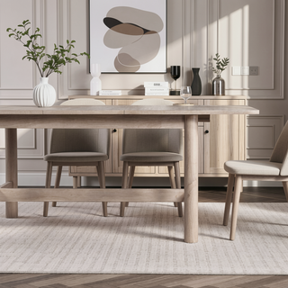 Sunvega Light Brown Oak Veneer Extendable Dining Table with Leaf for Six